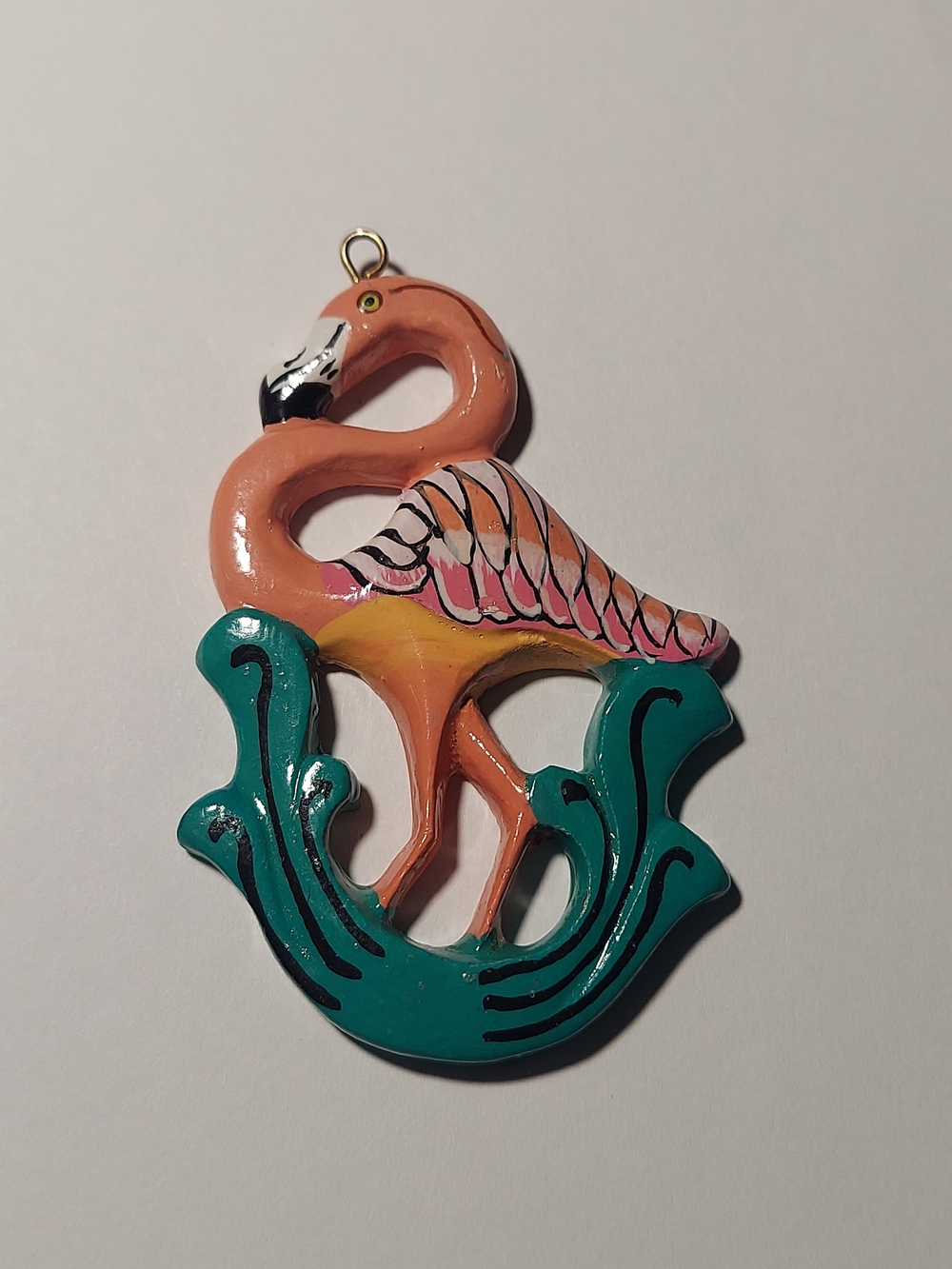 VTG Bali Hand Carved Painted Wood Flamingo Pendant